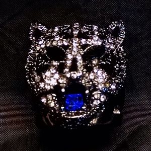 Large Jungle Animal Leopard Head Rhinestones Ring